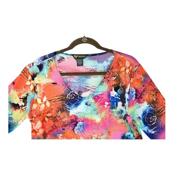 Valentina Artsy Multicolor Knit Top Shirt Blouse Rhinestones Size M Floral Print - Picture 3 of 8